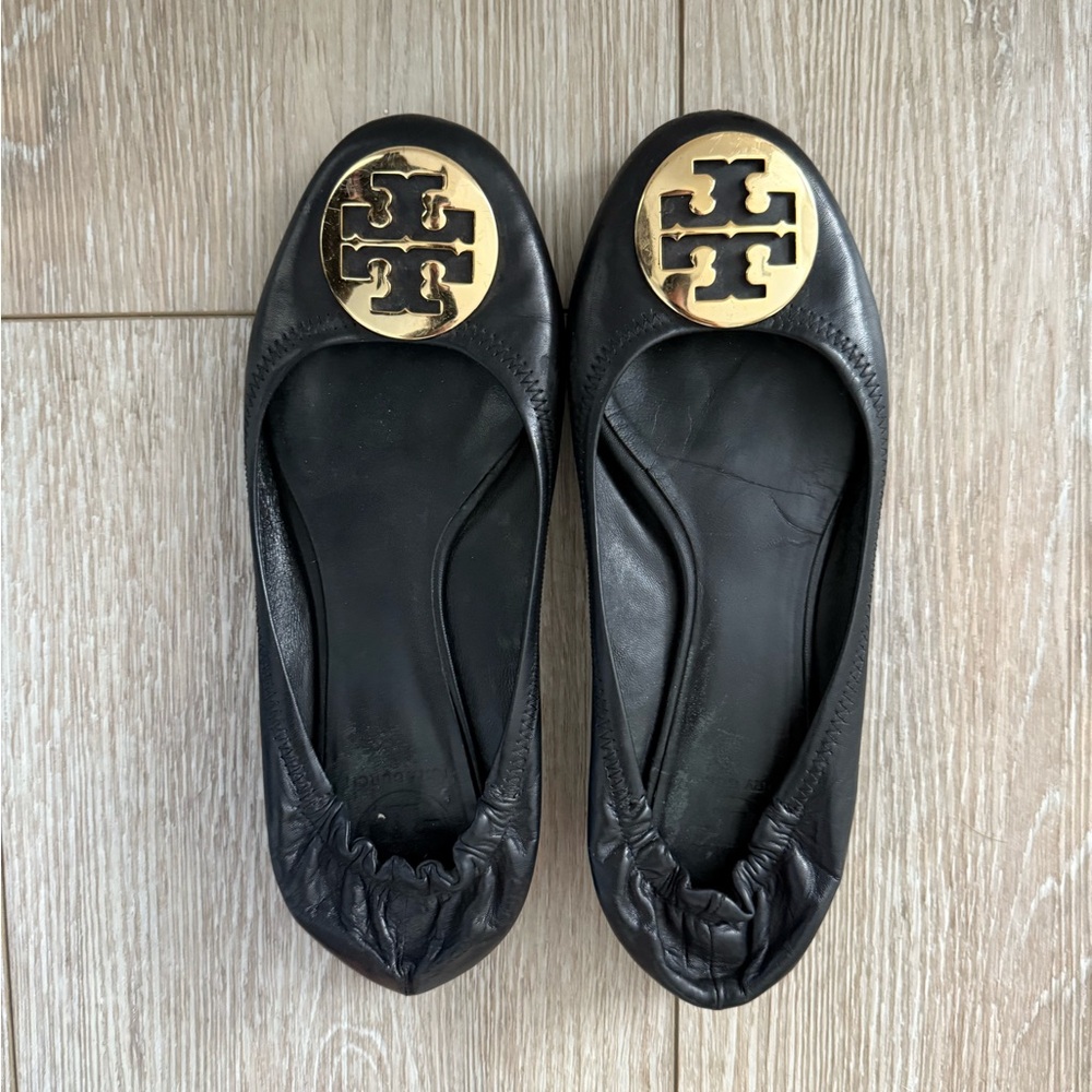 Tory Burch Black and Gold Flats with Iconic Logo